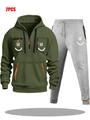 Men's two-piece tracksuit featuring army green hoodie and grey joggers with smiley print - S / Dark Green And Light Gray Pants