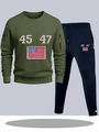 Men's two-piece tracksuit featuring olive green sweatshirt and navy joggers with US flag print - S / Top And Bottom / Army Green Top with Navy Blue Pants