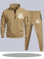 Men's khaki tracksuit set with half-zip hoodie and joggers featuring sports printing - S / Top And Bottom / Khaki