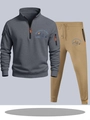 Détail d'un ensemble de sport deux pièces avec imprimé montagne et zip orange - S / Haut Et Bas / Gris Foncé Et Kaki