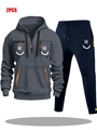 Men's dark grey hooded sweatshirt and navy pants set with smiley print and orange zippers - S / Dark Grey And Navy