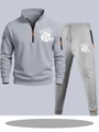 Men's grey hooded tracksuit set with orange zipper accents and football print - S / Top And Bottom / Light Gray