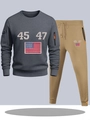 Men's two-piece sports set with dark grey sweatshirt and khaki drawstring pants - S / Top And Bottom / Dark Grey And Khaki