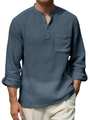 Close-up of waffle texture fabric on men's long sleeve henley shirt in soft blue - Navy Blue