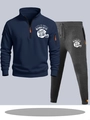 Men's navy half-zip sweatshirt and dark grey joggers set with athletic graphic prints - S / Top And Bottom / Navy Blue Top with Dark Gray Pants