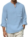 Detail of light blue linen shirt featuring textured fabric and buttoned chest pocket - Blue