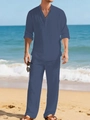 Détail d'un ensemble de plage en lin bleu marine avec chemise Henley et pantalon assorti - S / Bleu Marine