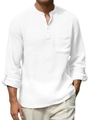 Textura detallada de camisa Henley de lino blanco con bolsillo y botones de madera - S / Blanco