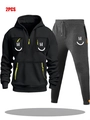 Men's two-piece tracksuit with black hoodie and dark grey joggers featuring smile prints - S / Black And Dark Grey