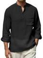 Detalle de camisa negra de algodón y lino para hombre con bolsillo y cuello Henley - S / Negro