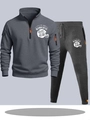 Men's dark gray tracksuit with orange zipper details and white football helmet prints - S / Top And Bottom / Dark Gray