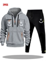 Men's two-piece sports tracksuit with grey half-zip hoodie and black joggers with smiley print - S / Light Gray Top and Black Pants