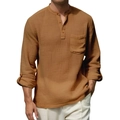 Detalle de la textura de la camisa Henley de lino para hombre con bolsillo de pecho - 3XL / café