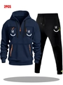 Men's navy hoodie and black joggers set with orange zipper pockets and smile design - S / Navy Blue with Black Pants
