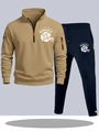 Men's two-piece tracksuit set with khaki quarter-zip hoodie and navy joggers - S / Top And Bottom / Khaki Top with Navy Blue Pants