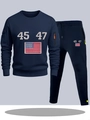 Men's navy blue sports tracksuit set featuring zip pocket and patriotic 45 47 prints - S / Top And Bottom / Navy Blue
