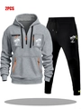 Survêtement gris pour homme avec capuche, poches zippées orange et imprimés tropicaux - M / Haut Et Bas / Haut Gris Clair et Pantalon Noir