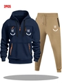Navy hoodie and khaki joggers two-piece set with orange zippers and smile prints - S / Navy And Khaki