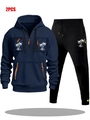 Ensemble sweat à capuche bleu marine et pantalon noir avec poches orange et imprimé palmier - M / Haut Et Bas / Bleu Marine avec Pantalon Noir