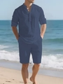 Marineblaues Leinen-Set aus Hemd und Shorts am Strand, atmungsaktives Urlaubsoutfit - S / Marineblau