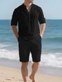 Detailansicht der schwarzen Leinenstruktur auf sommerlichem Freizeithemd und Shorts - S / Schwarz