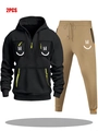 Men's black 2-piece hoodie set with khaki joggers featuring smiley face and yellow zips - S / Black Top with Khaki Pants