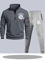 Men's dark grey half-zip tracksuit with football helmet print and jogger set - S / Top And Bottom / Dark Gray Top with Light Gray Pants