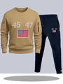 Khaki hooded sweatshirt and navy blue joggers set with flag print and zipper detail - S / Top And Bottom / Khaki Top with Navy Blue Pants