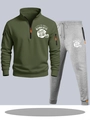 Men's olive green half-zip hoodie and grey joggers set with rugby helmet print - S / Top And Bottom / Army Green Top with Light Gray Pants