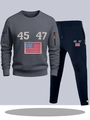 Men's gray sweatshirt and navy jogger set with numeric print and sleeve zipper pocket - S / Top And Bottom / Dark Grey And Navy