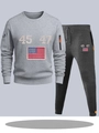 Men's grey hooded tracksuit set featuring 45 47 prints and orange zipper accents - S / Top And Bottom / Light Grey And Dark Grey