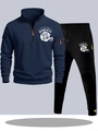 Men's navy half-zip hoodie and black joggers set with rugby print and neon zipper accents - S / Top And Bottom / Navy Blue with Black Pants