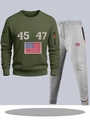 Men's army green crewneck sweatshirt and grey joggers set with flag print and orange zippers - S / Top And Bottom / Army Green Top with Light Gray Pants
