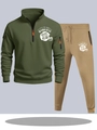 Green quarter-zip sweatshirt and khaki joggers set with helmet prints - S / Top And Bottom / Army Green And Khaki