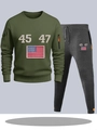 Olive green sweatshirt and charcoal jogger set with zipper pocket details and graphics - S / Top And Bottom / Army Green And Dark Grey