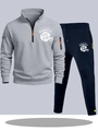 Men's light grey half-zip tracksuit set with navy blue joggers and football prints - S / Top And Bottom / Light Gray Top and Navy Blue Pants