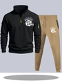Men's sports set with black half-zip hoodie and khaki joggers with rugby helmet print - S / Top And Bottom / Black Top with Khaki Pants
