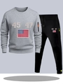 Men's grey track suit set with hoodie and black joggers featuring 45 47 flag print - S / Top And Bottom / Light Gray Top and Black Pants