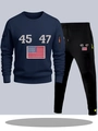 Navy blue men's tracksuit set with 45 47 numbers and American flag embroidery - S / Top And Bottom / Navy Blue with Black Pants