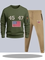Olive green sweatshirt and khaki joggers set with flag print and utility zipper details - S / Top And Bottom / Army Green And Khaki