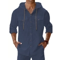 Dunkelblaues Herren-Leinenhemd mit Kapuze, langen Ärmeln und Taschen für Strand und Freizeit - M / Einzelnes Hemd (ZT320) / Marineblau