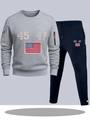 Gray zip hoodie and dark blue joggers set featuring number prints and flag patches - S / Top And Bottom / Light Gray Top and Navy Blue Pants