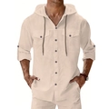 Herren Freizeit-Kapuzenhemd aus Leinen in Beige mit langen Ärmeln und Taschen - M / Hemd und Hose (ZT320) / Khaki