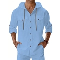 Men's light blue linen long sleeve hooded beach shirt with chest pockets and drawstrings - M / Single Shirt (ZT320) / Light Blue