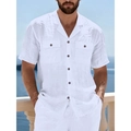 Camicia da uomo in lino bianco con collo cubano e due tasche sul petto per la spiaggia - M / Bianco