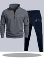 Survêtement homme avec sweat à capuche gris zippé et pantalon bleu marine à motif montagne - S / Haut Et Bas / Gris Foncé Et Marine