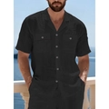 Camicia di lino nera da uomo a maniche corte con collo cubano e doppie tasche sul petto - M / Nero