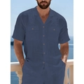 Camicia da uomo in lino blu scuro a maniche corte con colletto cubano e tasche sul petto - M / Blu scuro