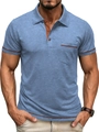 Detail of men's slim fit polo shirt with contrast orange trim on collar and pocket - Light Blue