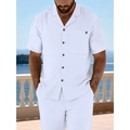 Witte linnen herenoverhemd met korte mouwen, Cubaanse kraag en bijpassende strandbroek set - S / Wit